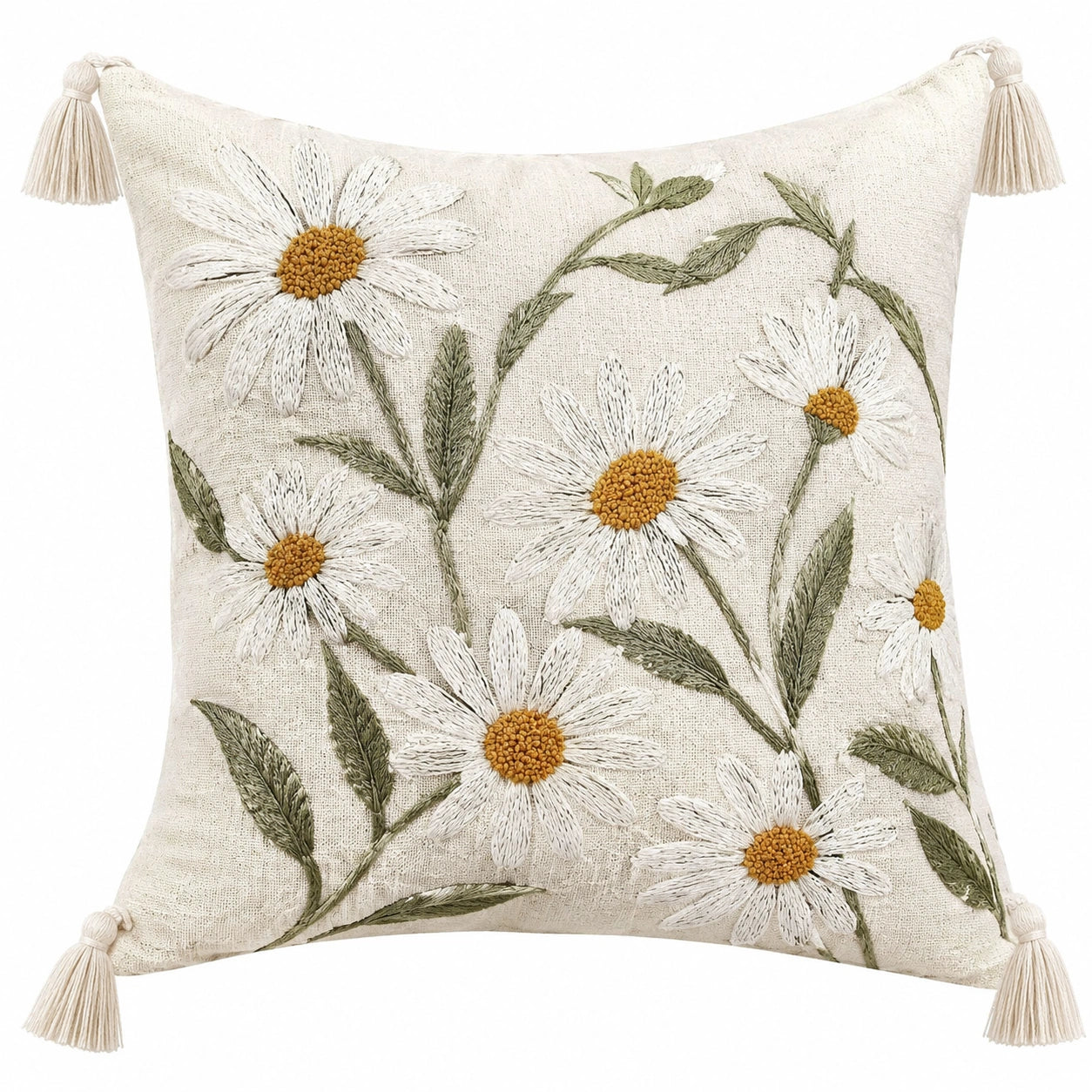 Dekokissen 45 x 45 cm aus Stoff in Beige mit Blumenstickerei und Quasten