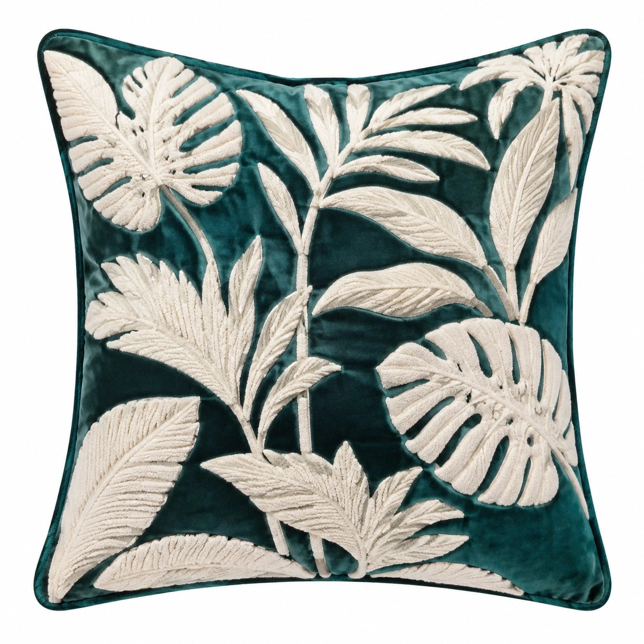 Dekokissen 45 x 45 cm Samt Dunkelgrün Creme Blattrelief