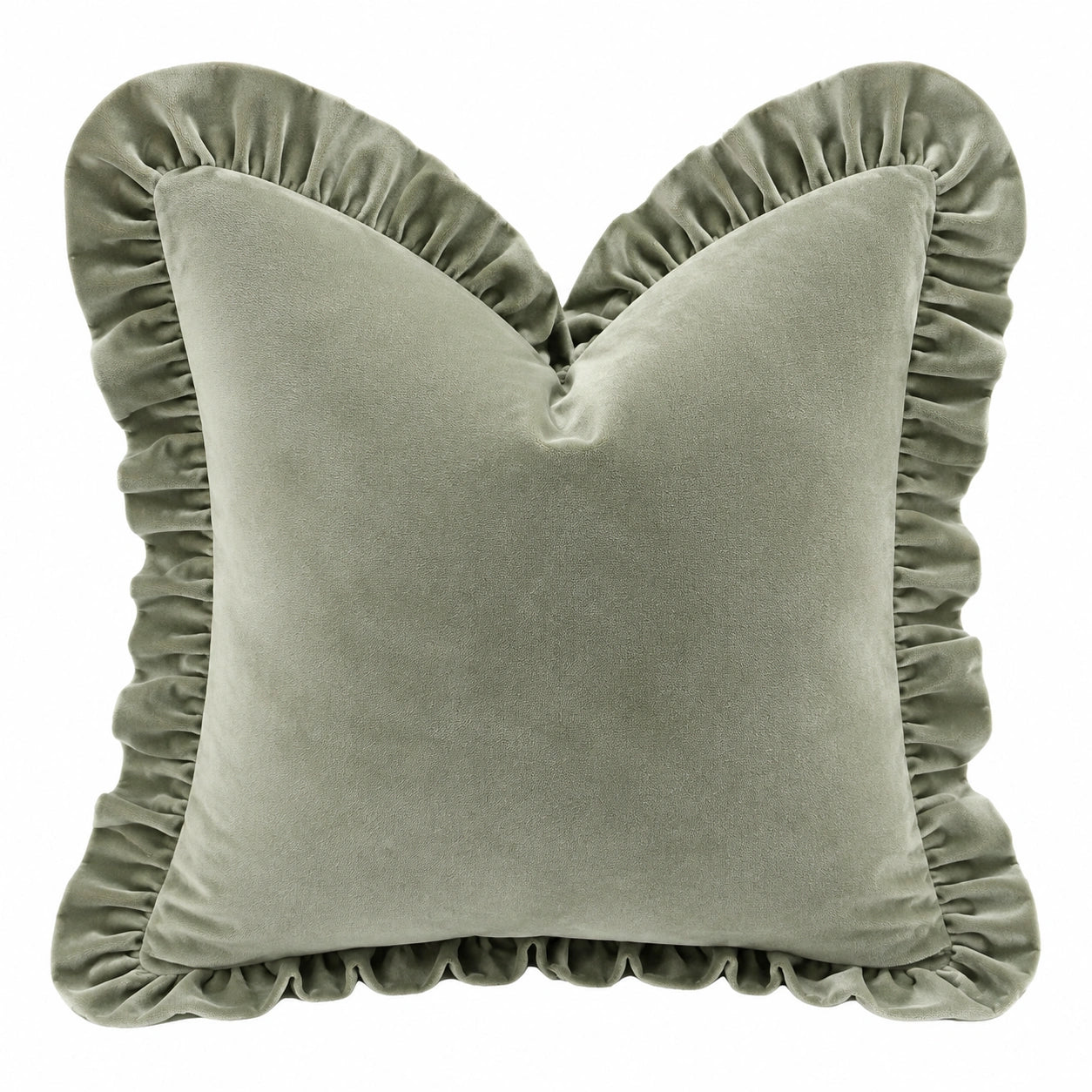 Zierkissen 45 cm aus Polyester in Salbeigrün mit Samtoberfläche und Rüschenrand