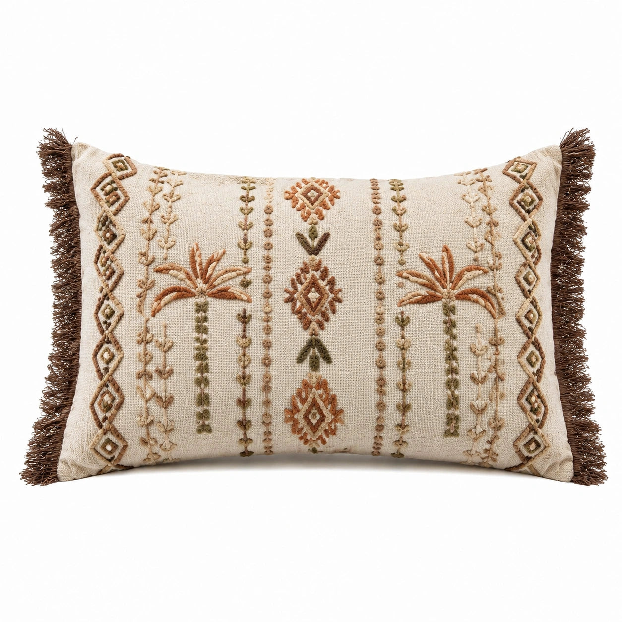 Rechteckiges Dekokissen 50 x 30 cm Baumwollbezug Cremebraun mit Fransen im Boho-Stil