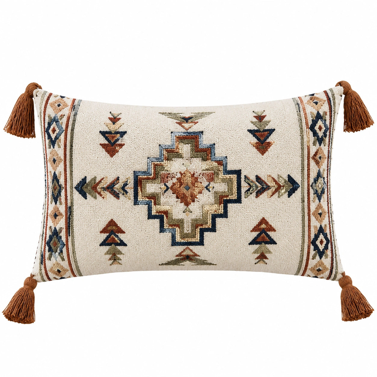 Rechteckiges Dekokissen 50 x 30 cm Textil Beige mit geometrischem Muster und Quasten
