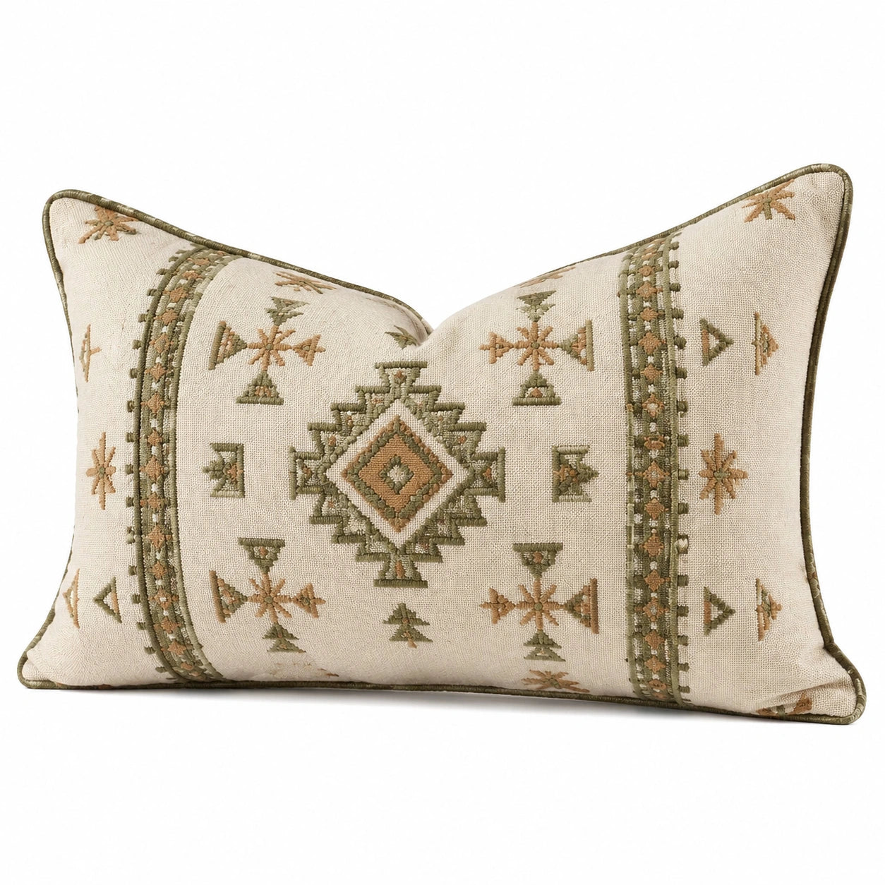 Rechteckiges Dekokissen 50 x 30 cm Beige Grün Baumwolloptik mit geometrischer Stickerei