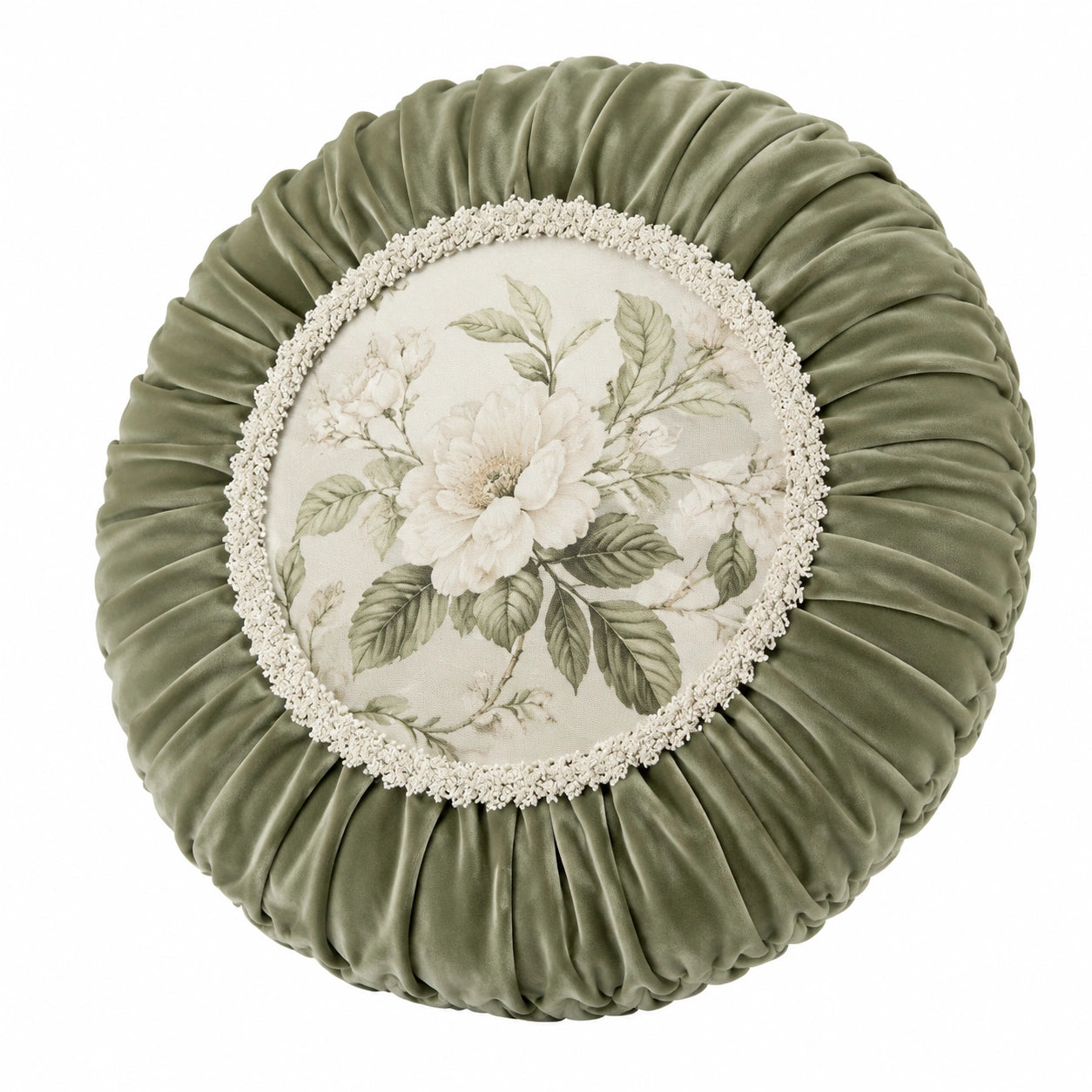 Rundes Zierkissen 45 cm Samt Olivgrün mit Blumenmotiv im Vintage-Stil